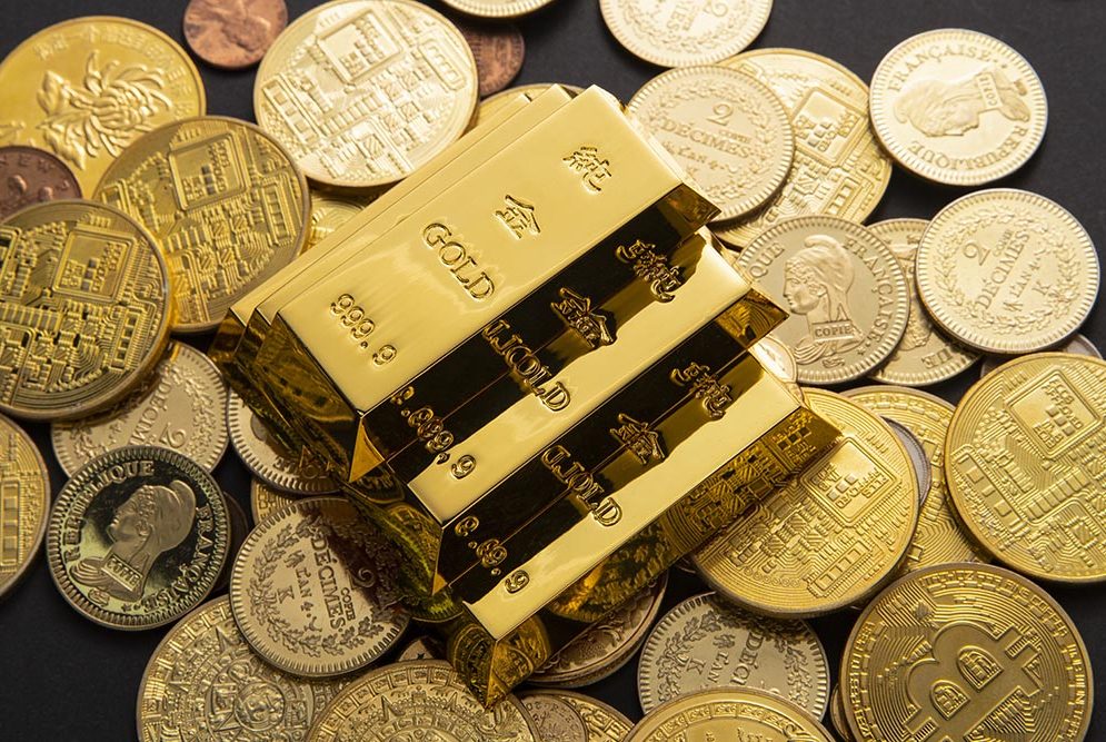closeup shot pile shiny gold coins bars